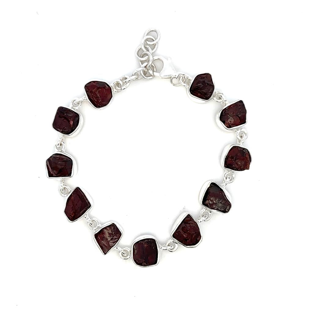 Link Style Colored Stone Bracelet .925 White With Garnet Mozambiques 8" Long
