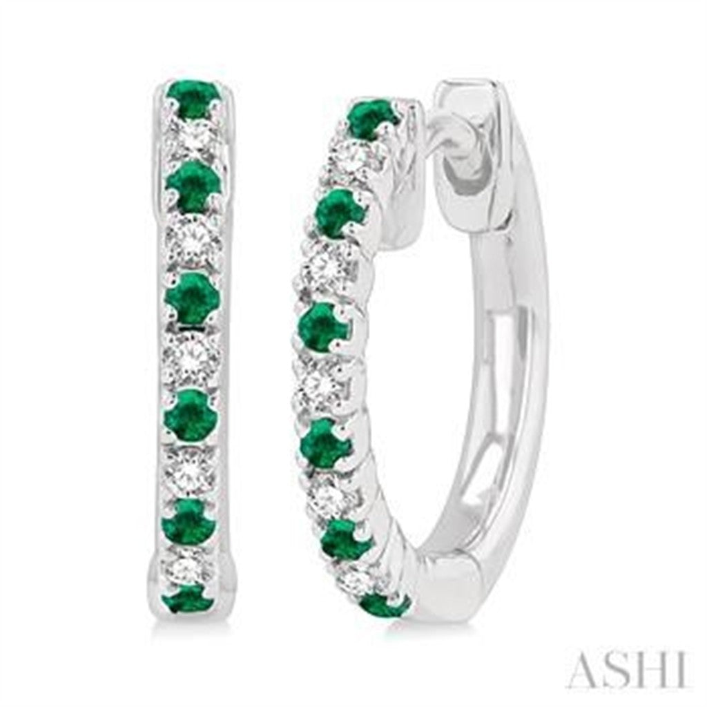 Earrings Precious Metal With Colored Stone Dangle Huggie Hoop 10 Karat Gold White With Emeralds 0.11 ctw & Diamonds