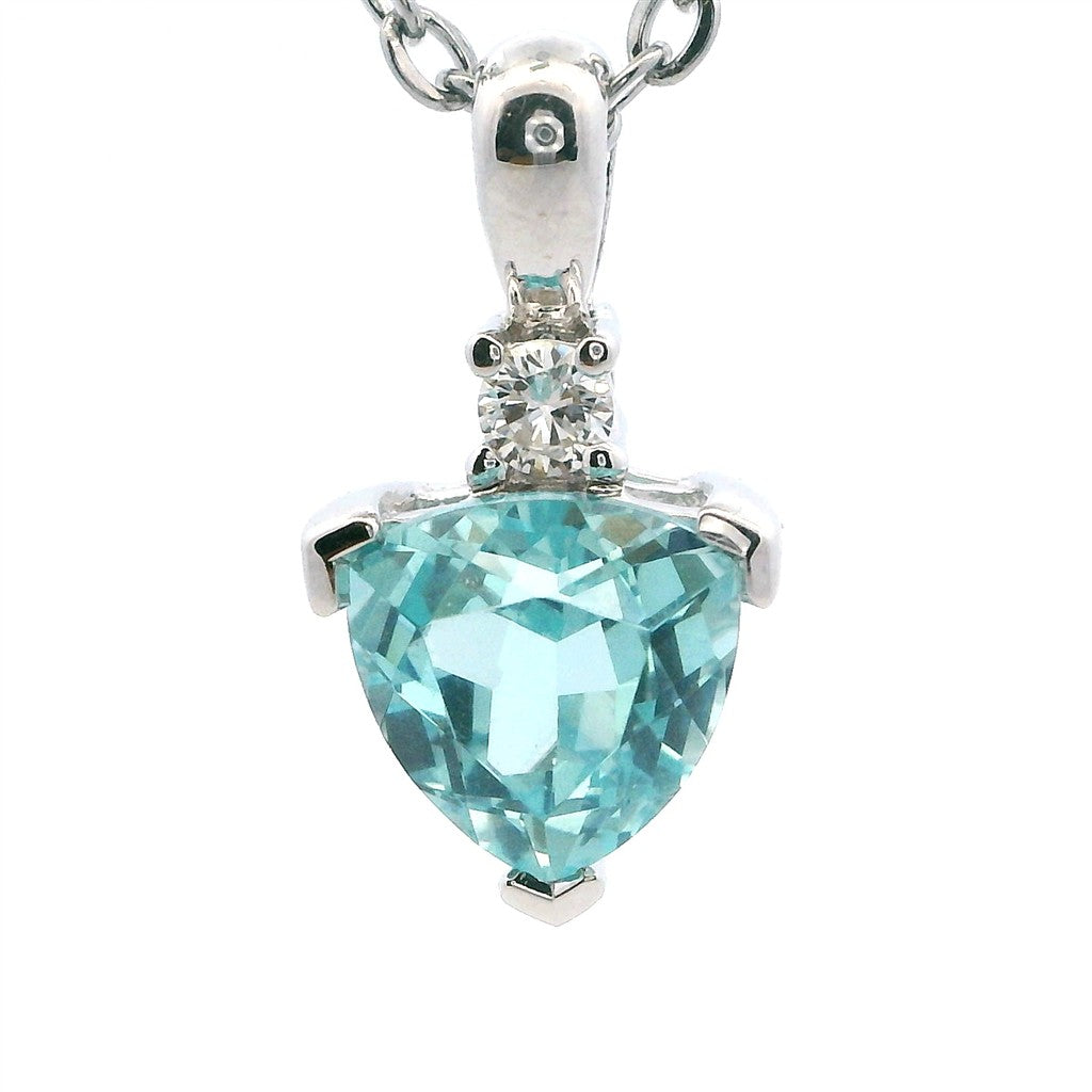 Solitare Accent Pendant Sterling Silver White with Heart Bluish Green Tourmaline & Round Lab Diamond