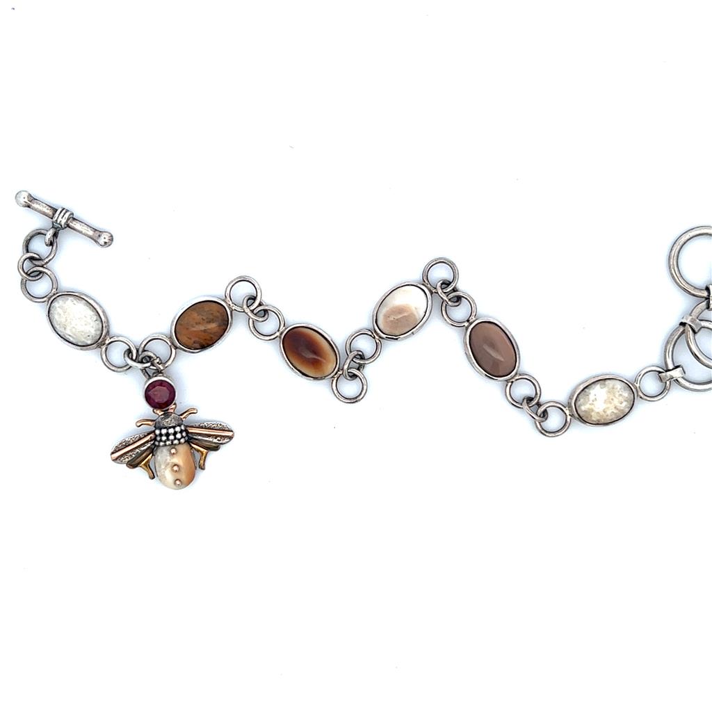Mammoth Ivory Bees Link Bracelet .925 White With Garnet Mozambique Lab Grown & Garnet Mozambique 8" Long