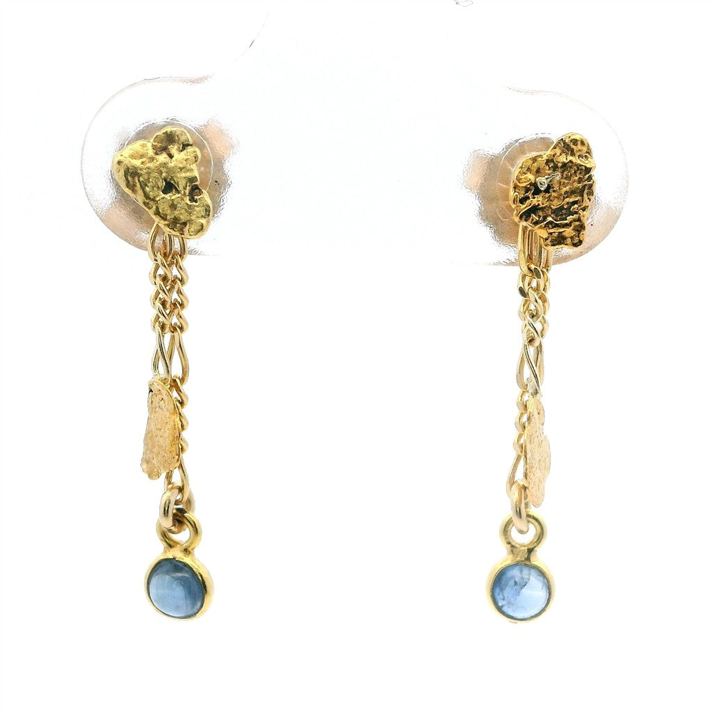 Earrings Blue Berry Ear Jackets 14 Karat Gold & Alaskan Gold Nugget Blue Sapphires