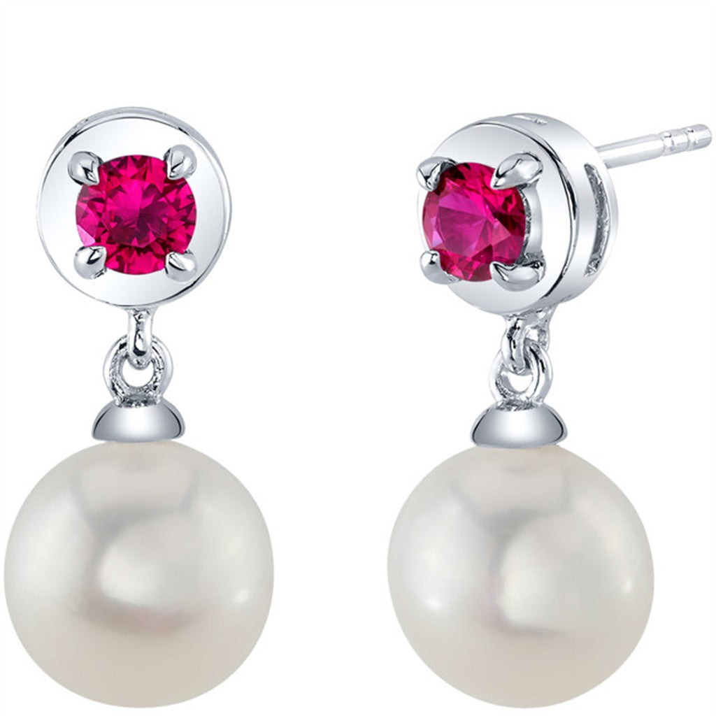 Sterling Silver White July Single Pearl Studs Earrings Cultured Round Fresh Water Pearls Round Rubies
