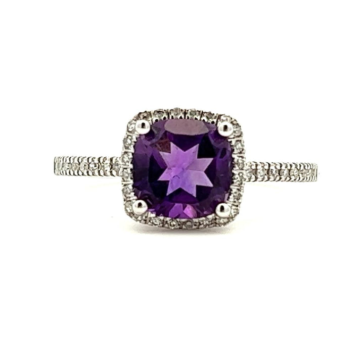 Halo Style Colored Stone Ring 14 KT White with Amethyst & Diamond Accent size 7