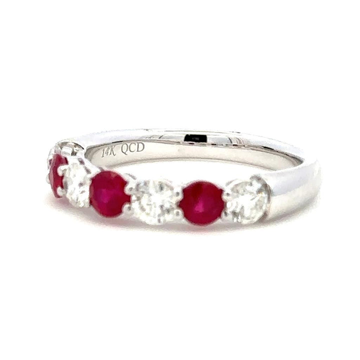 Alternating Stone Style Colored Stone Wedding Band 14 KT White with Ruby & Diamond Accent size 7