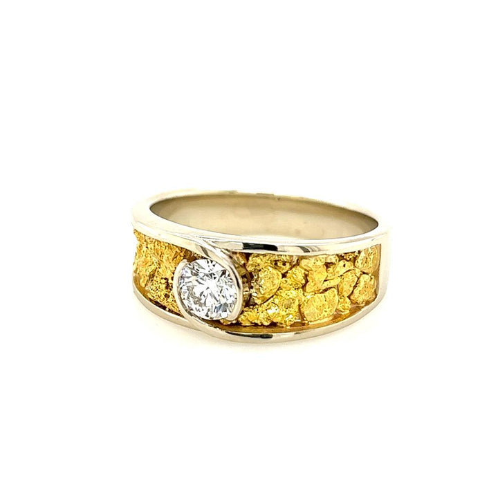 Tapered Channel Band Style Gold Nugget Ring Men's 14 KT White & Yellow with Diamond size 11