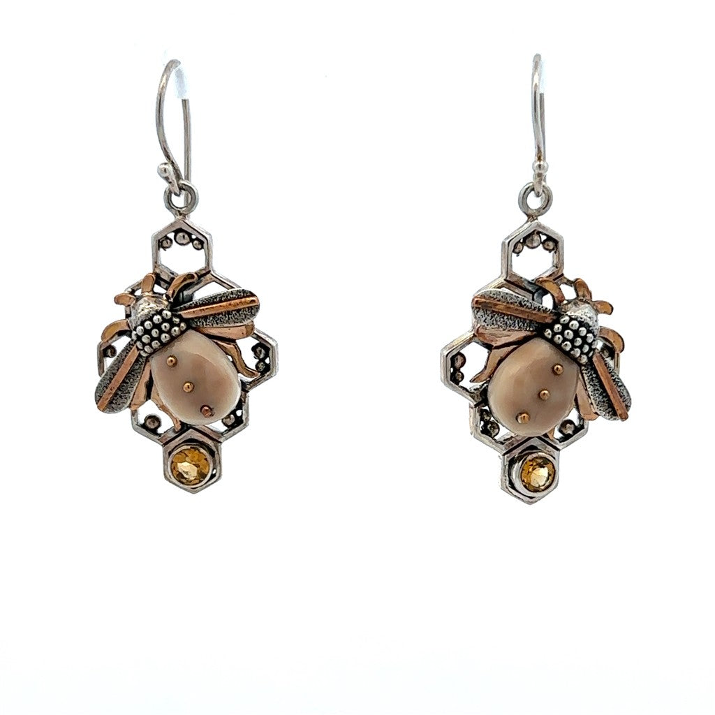Bee Walrus Ivory Dangle Drop Earrings .925 White Cabochon Oval Ambers Round Citrines