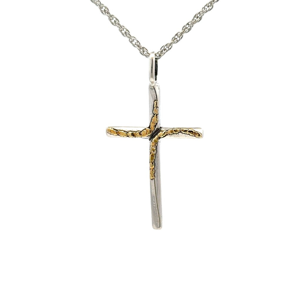 Cross Style Contemporary Pendant Sterling Silver & Alaskan Gold Nugget