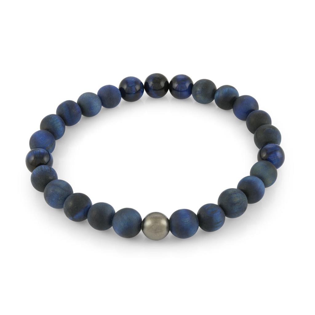 Stretch Style Gemstone Bead Bracelet Elastic Sencho with Blue Tigers Eye & Silver Stainless Steel 8.2"