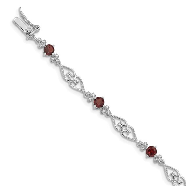 Fancy Link Style Colored Stone Bracelet .925 White With Garnet Mozambiques 7" Long
