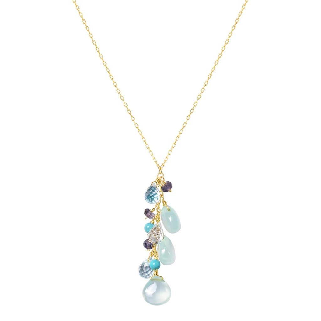 Y Style Colored Stone Necklace 14 KT Yellow With Chalcedony & Turquoise & Iolite 17" Long