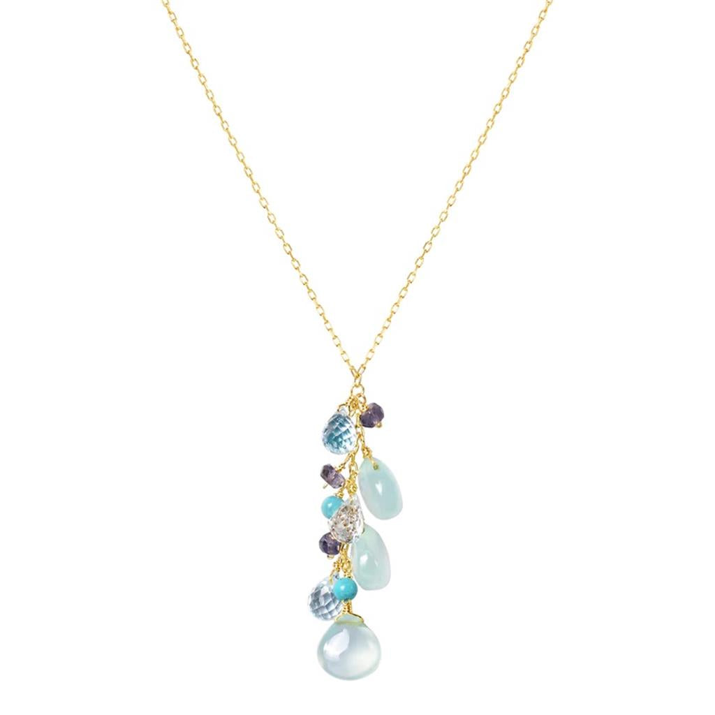 Y Style Colored Stone Necklace 14 Karat Gold Yellow With Chalcedony & Turquoise & Iolite 17" Long