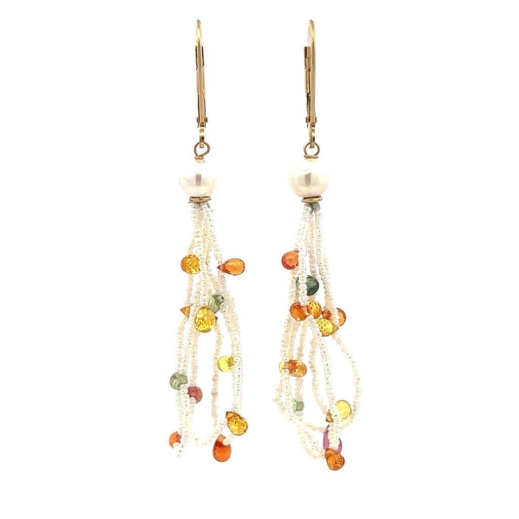 Earrings Precious Metal With Colored Stone Dangle Dangle Drop 14 Karat Gold Yellow With Sapphires & Akoya Pearl & Akoya Pearls