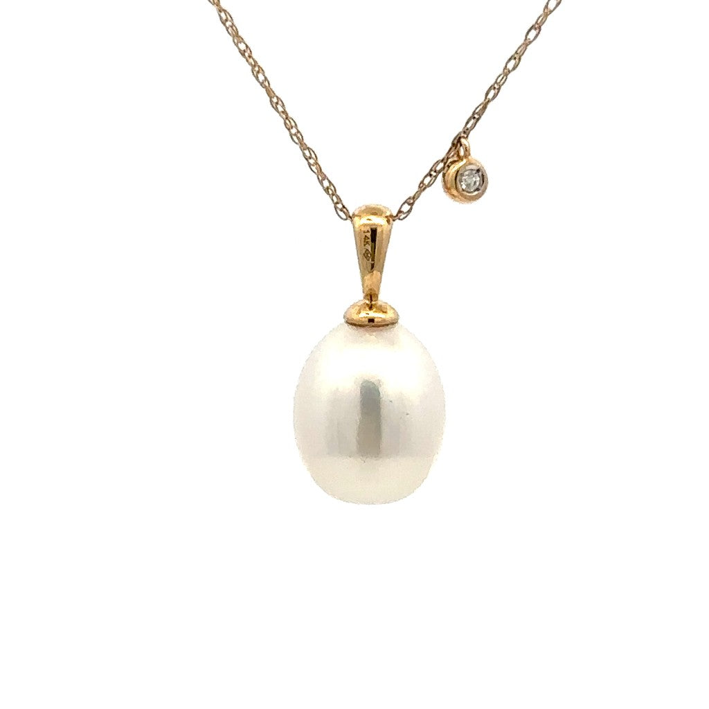 Drop Pearl Pendant 14 Karat Gold Yellow with Near Round White Fresh Water Pearl & Round Diamond 0.01 ctw