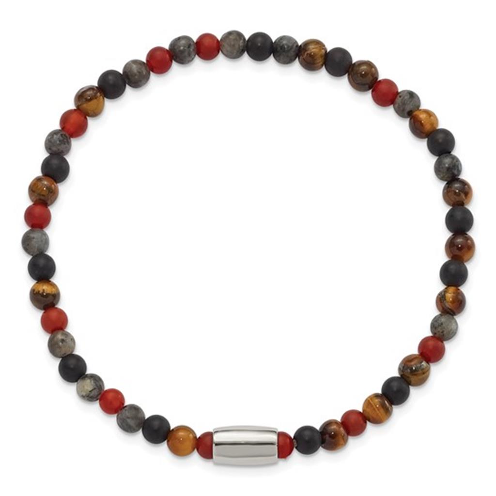 Stretch Style Gemstone Bead Bracelet Stainless Steel with Black Agate & Brown Tigers Eye 7.25"