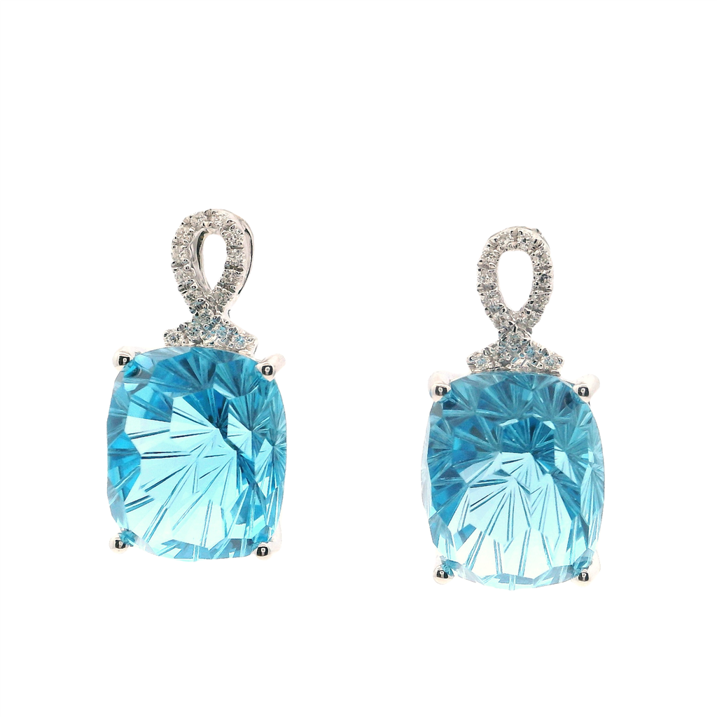 14 Karat Gold White Stud Earrings 15.98ctw Fantasy Cut Topazes 0.09 ctw Round Diamonds