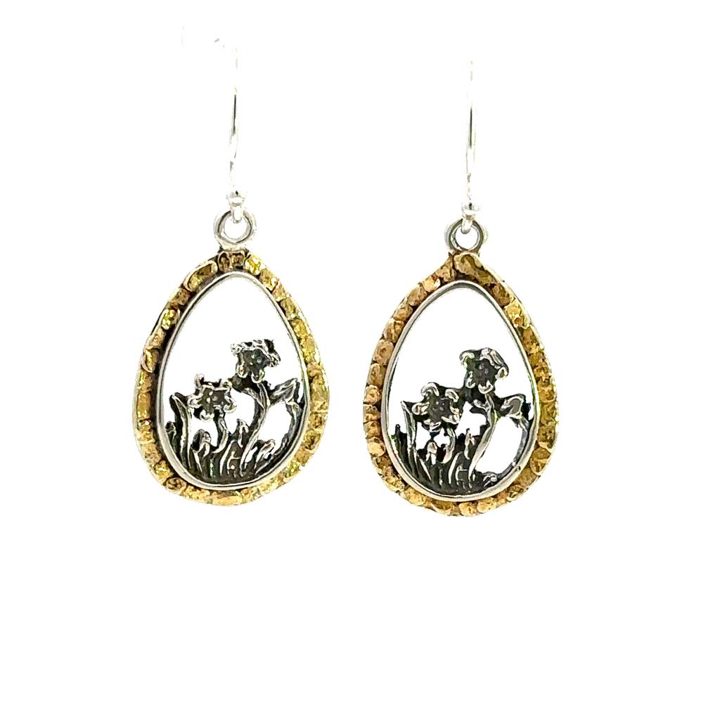 Flower Wire Drop Sterling Silver Earrings Accented with Alaskan Gold Nuggets