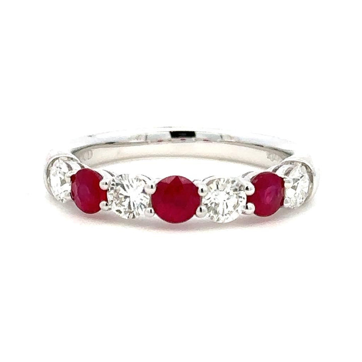 Alternating Stone Style Colored Stone Wedding Band 14 KT White with Ruby & Diamond Accent size 7