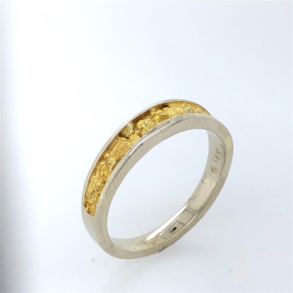 Half Channel Tapered Style Womans Wedding Bands With Gold Nugget 14 KT White & Yellow size 7.75