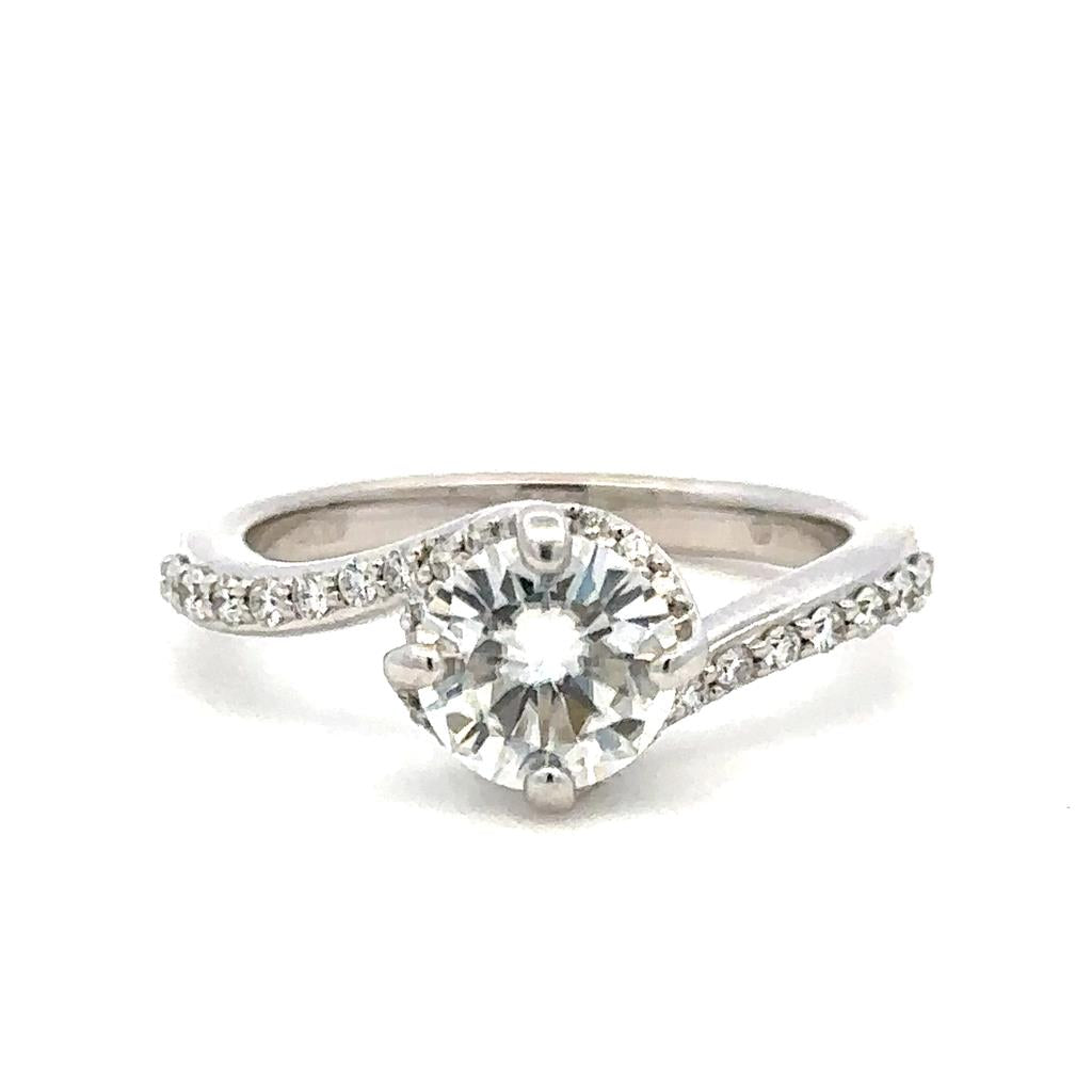 Bypass Style Engagement Ring with Colored Stone Center 14 KT White with an R Shape Moissanite Center Stone and Diamond accent stones