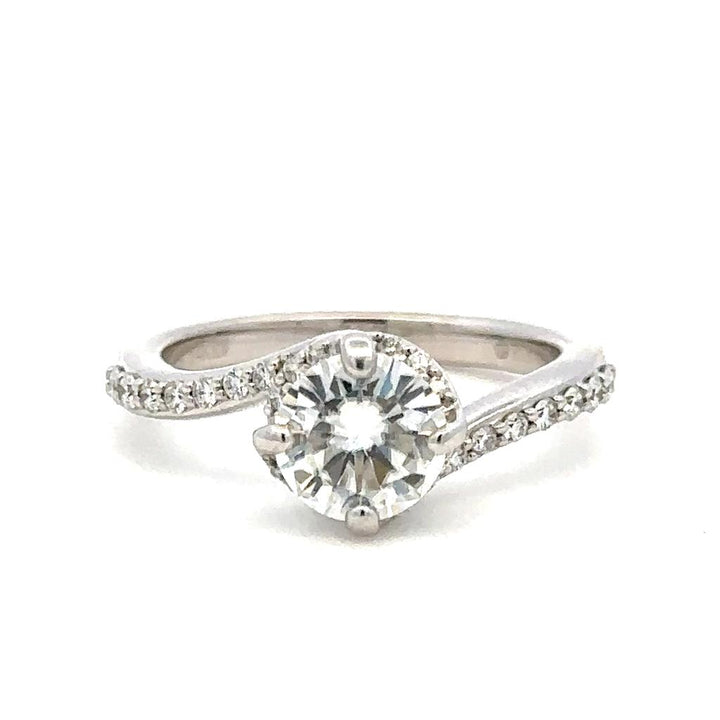Bypass Style Engagement Ring with Colored Stone Center 14 KT White with an R Shape Moissanite Center Stone and Diamond accent stones