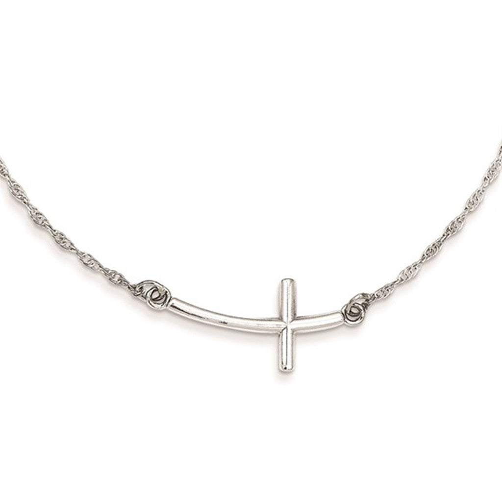 Cross In Line Precious Metal Necklace Sterling Silver White 18" long On a Rope Chain White Sterling Silver