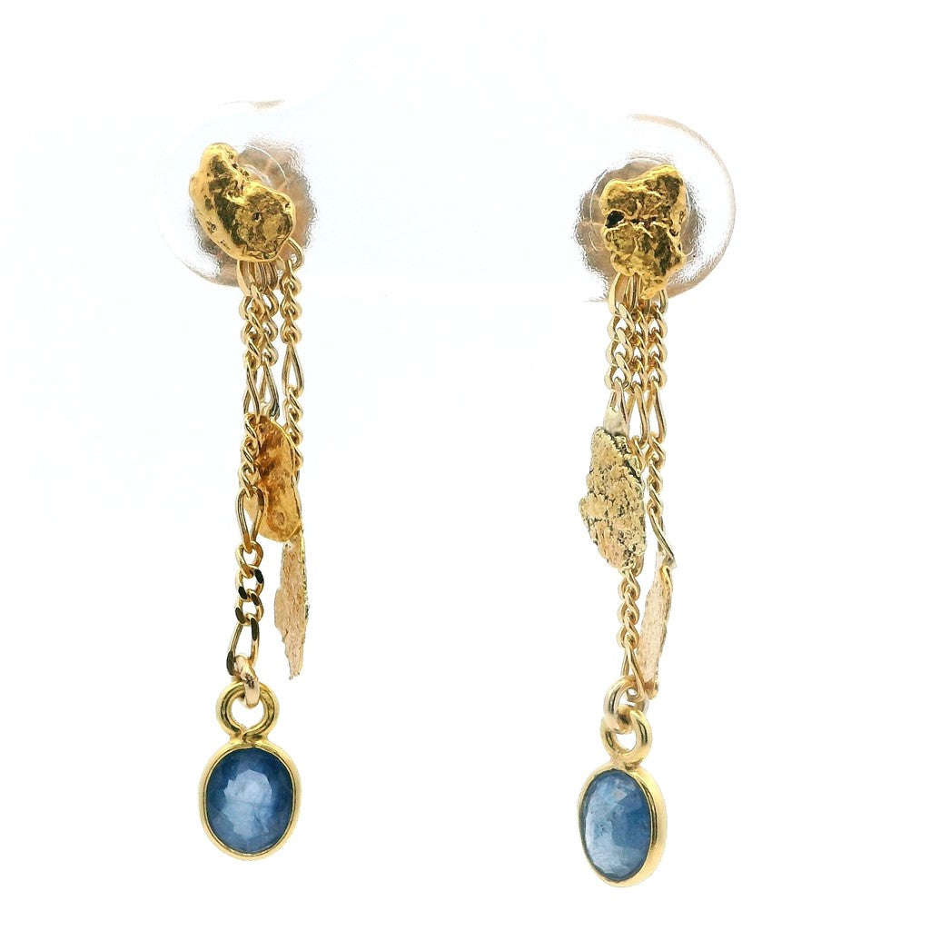 Earrings Blue Berry Ear Jackets 14 Karat Gold & Alaskan Gold Nugget Blue Sapphires