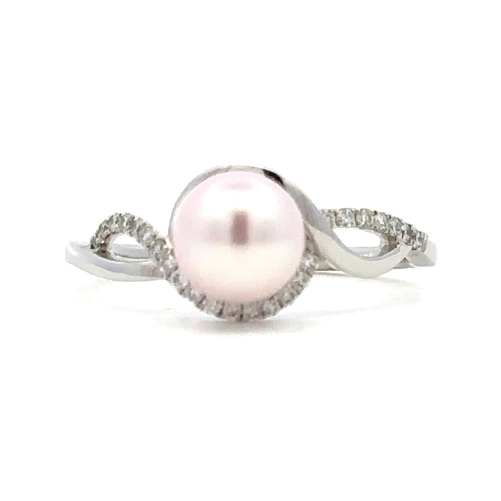Free Form Style Pearl Ring 14 KT White with Akoya Pearl & Diamonds Accent size 8