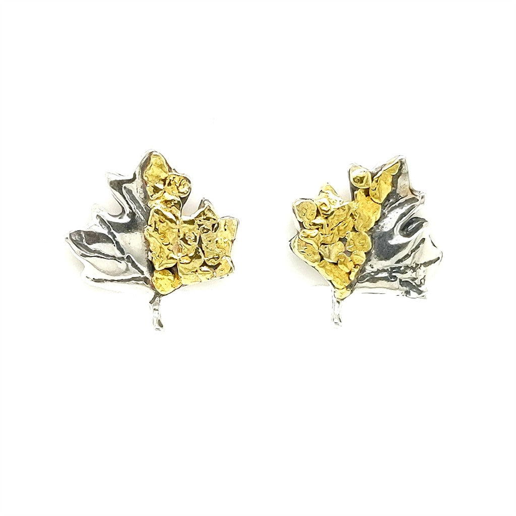 Leaf Stud Sterling Silver Earrings Accented with Alaskan Gold Nuggets