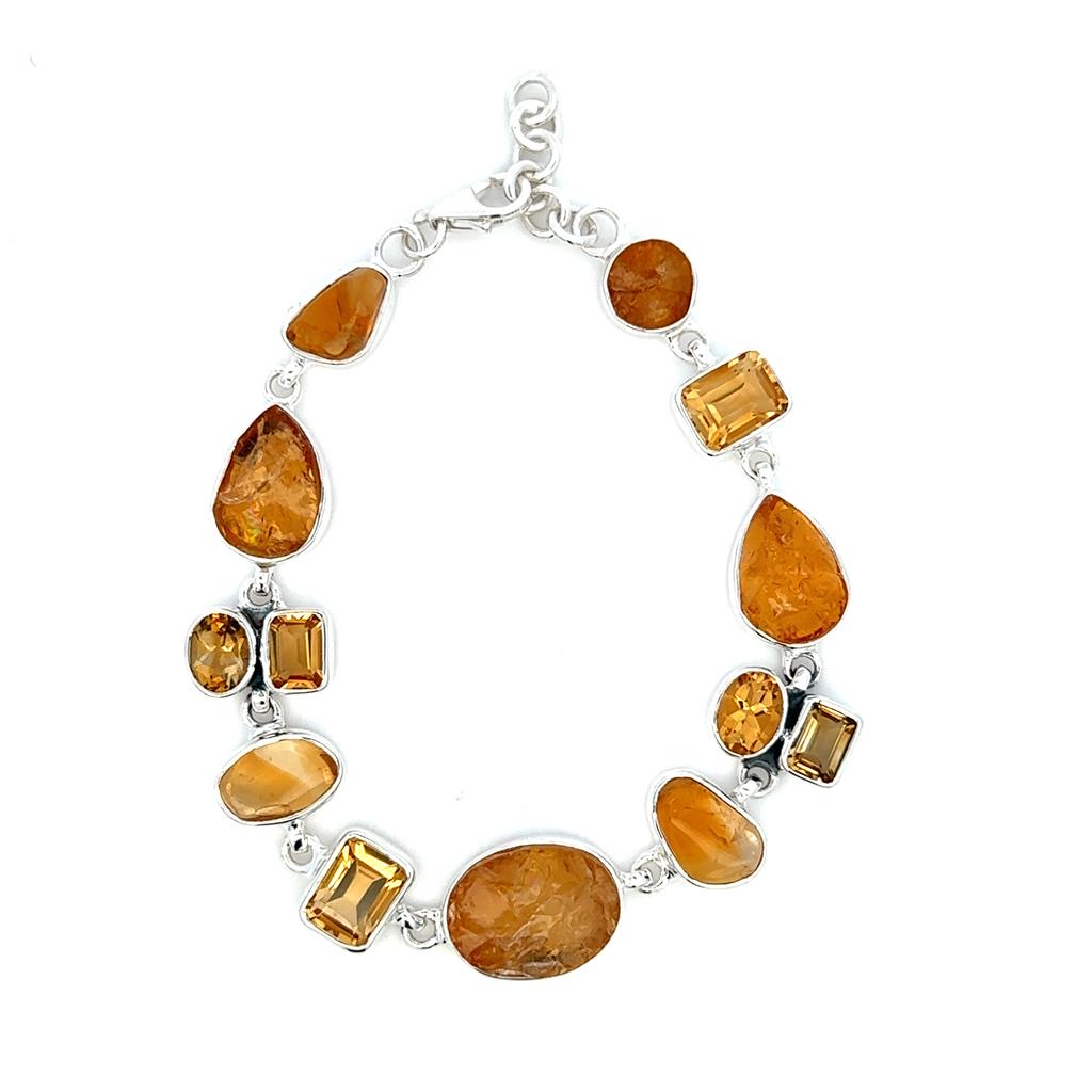 Link Style Colored Stone Bracelet .925 White With Citrines 8" Long