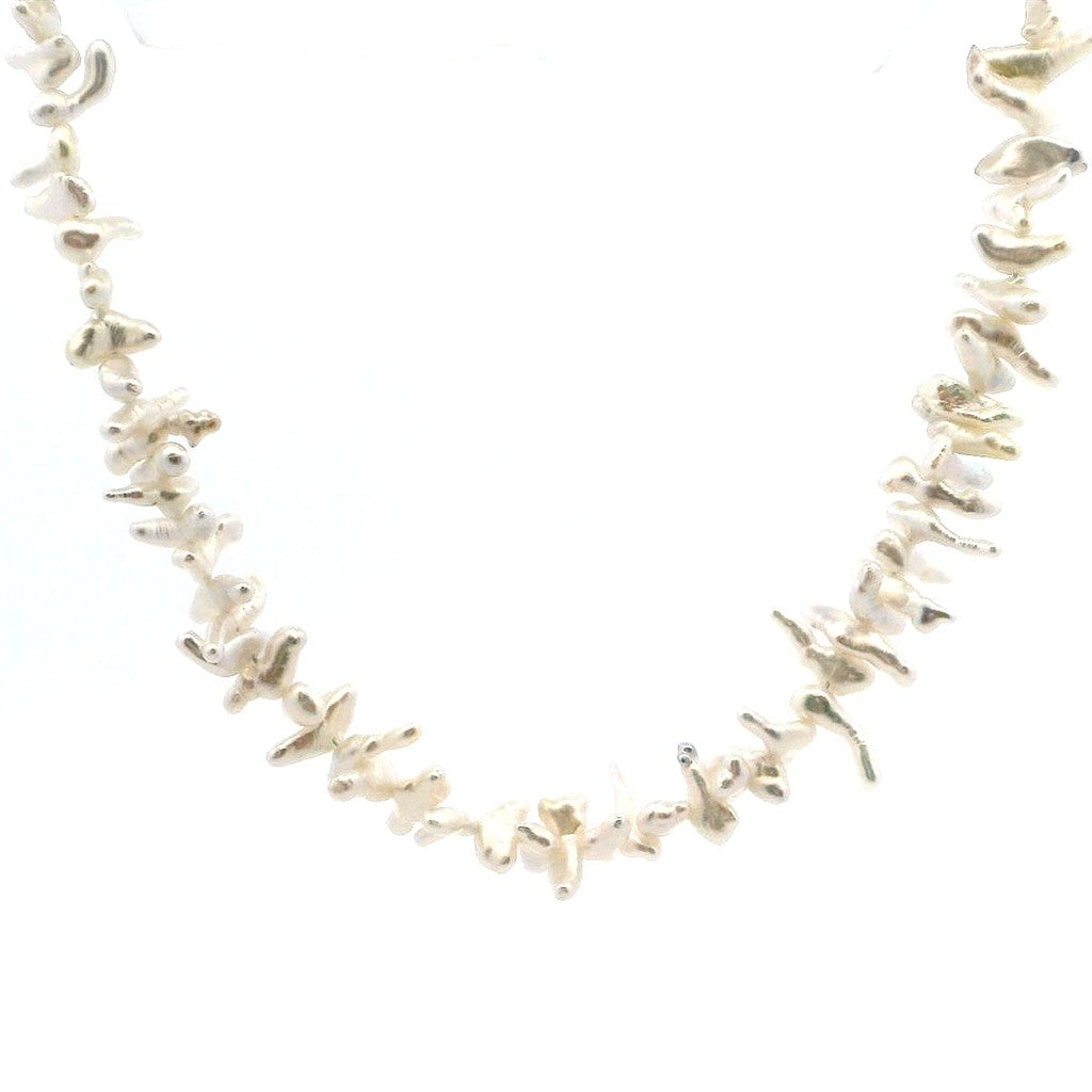 Single Strand Pearl Strand Necklace Strung on 14 Karat Gold 18" Long with Cream Cultured Keshi Fresh Water Pearl