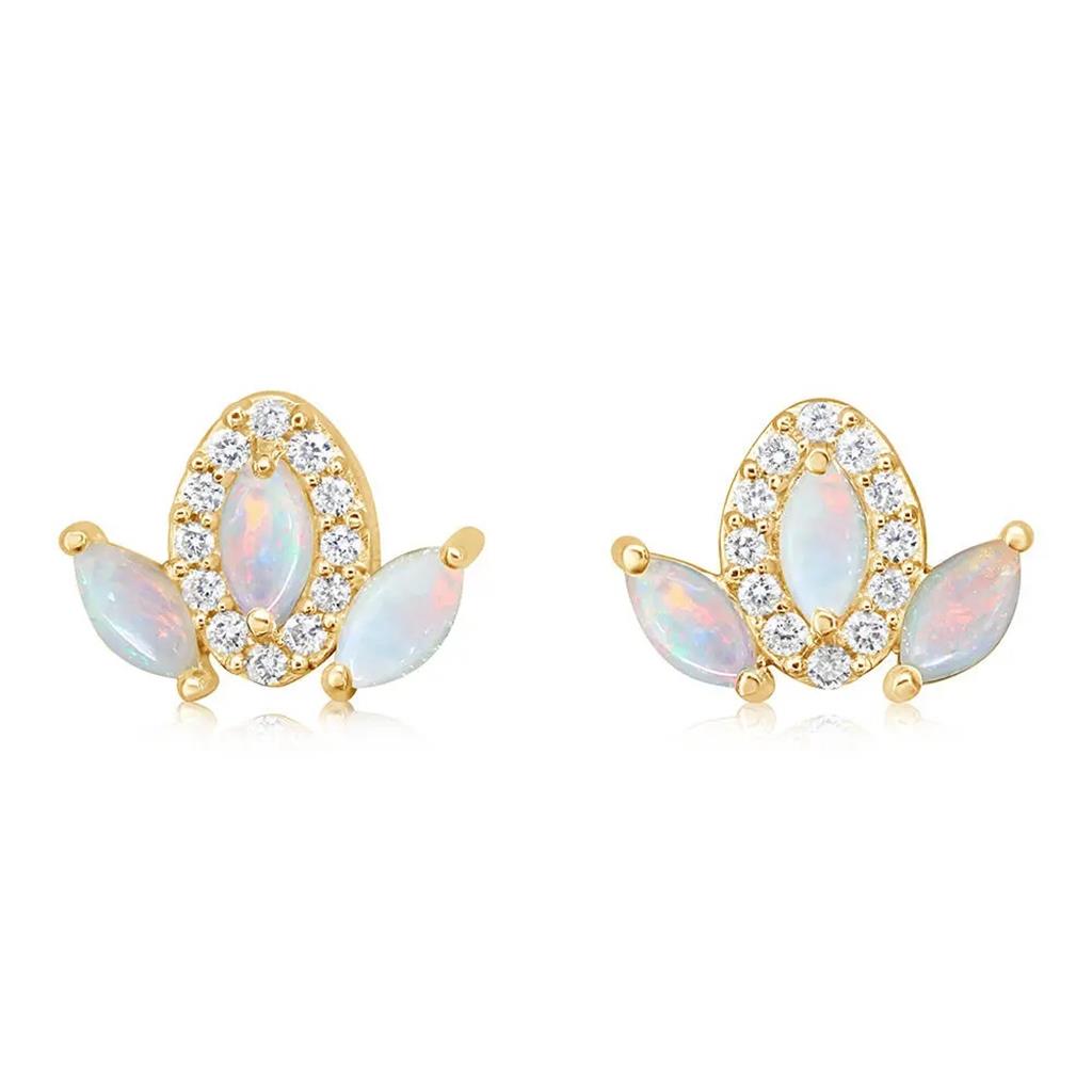 14 KT Yellow October Birth Stone Stud Earrings 0.30ctw Marquise Opals 0.12 ctw Round Diamonds