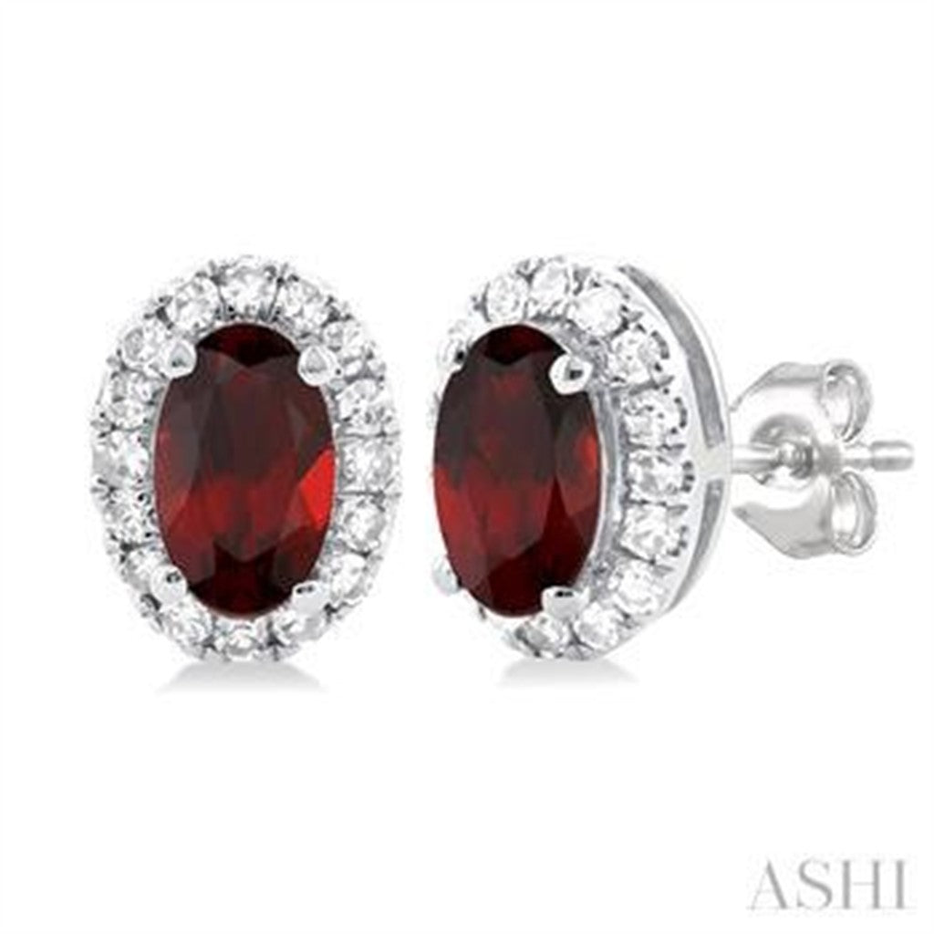 10 Karat Gold White January Birth Stone Studs Earrings Oval Garnet Mozambiques 0.14 ctw Round Diamonds