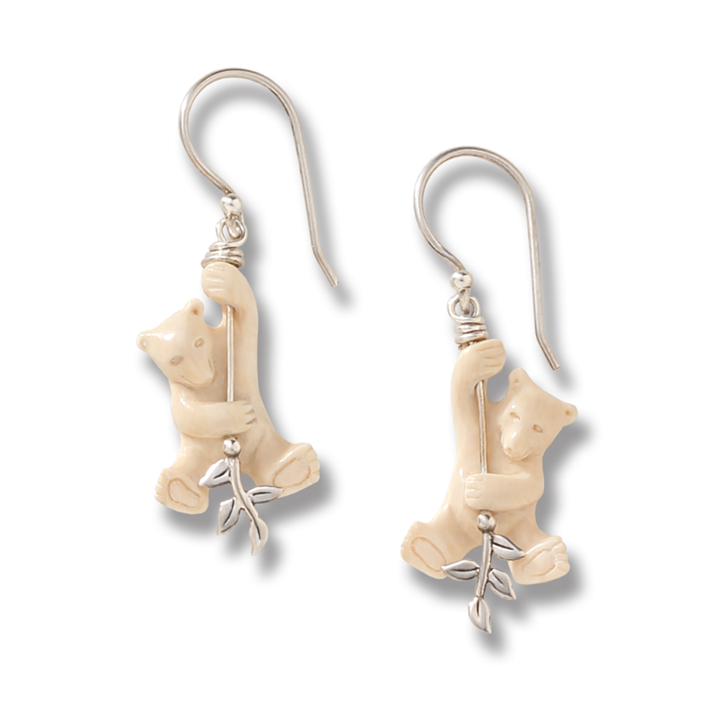 Bear Mammoth Ivory Dangle Drops Earrings Sterling Silver White