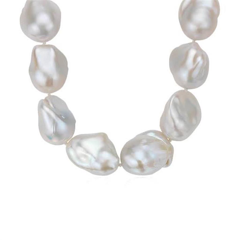 Single Strand Knotted Pearl Strand Necklace Strung on .925 18" Long with White Cultured Baroque Fresh Water Pearl