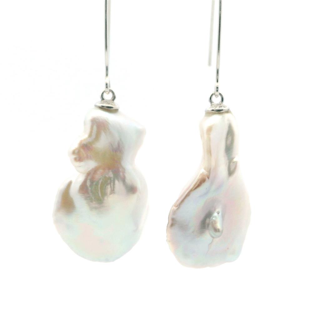 Barquoe Dangle Drop Earring Sterling Silver White 25mm Fresh Water Pearls