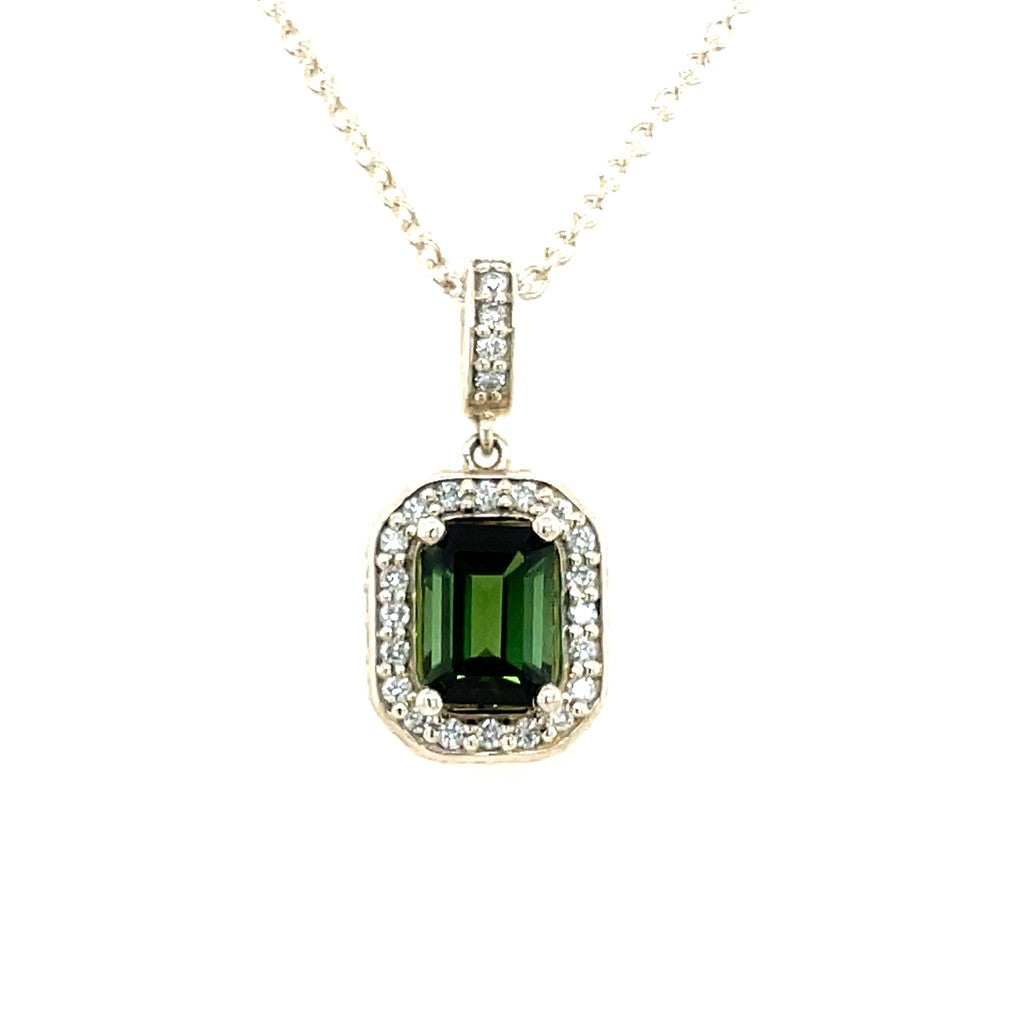 Halo Pendant Sterling Silver White with Emerald Cut Green Tourmaline & Round F Lab Diamonds