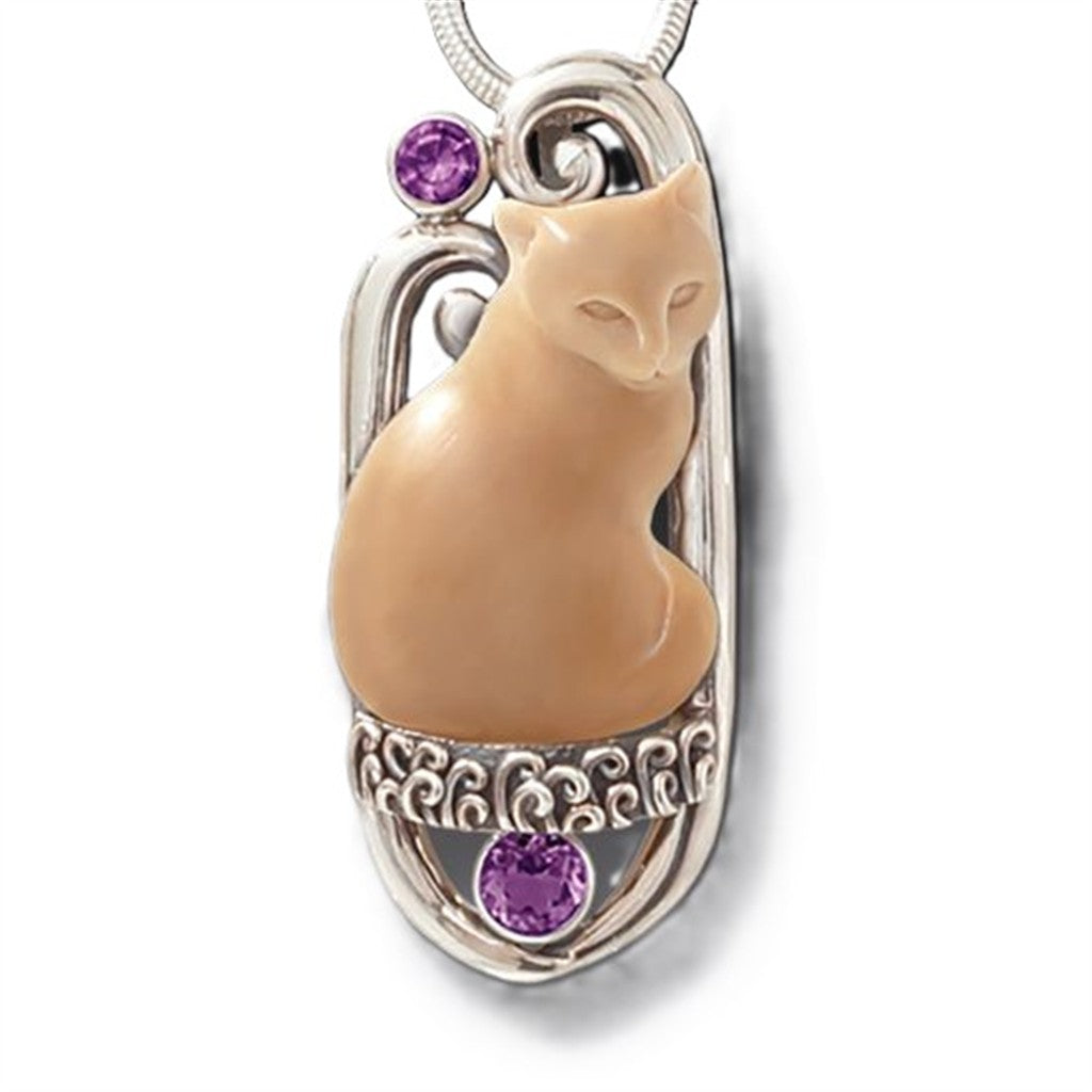 Mammoth Ivory Free Form Style CAT Pendant/Necklace Sterling Silver