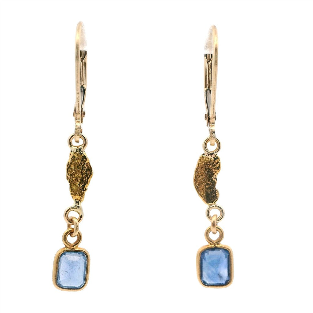 Earrings Alaskana Dangle Drops 14 Karat Gold & Alaskan Gold Nugget Blue Sapphires