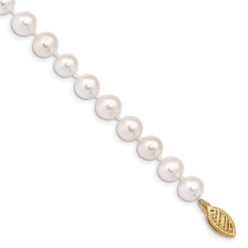 Single Strand Knotted Round White Cultured Fresh Water Pearl Bracelet 14KT Gold