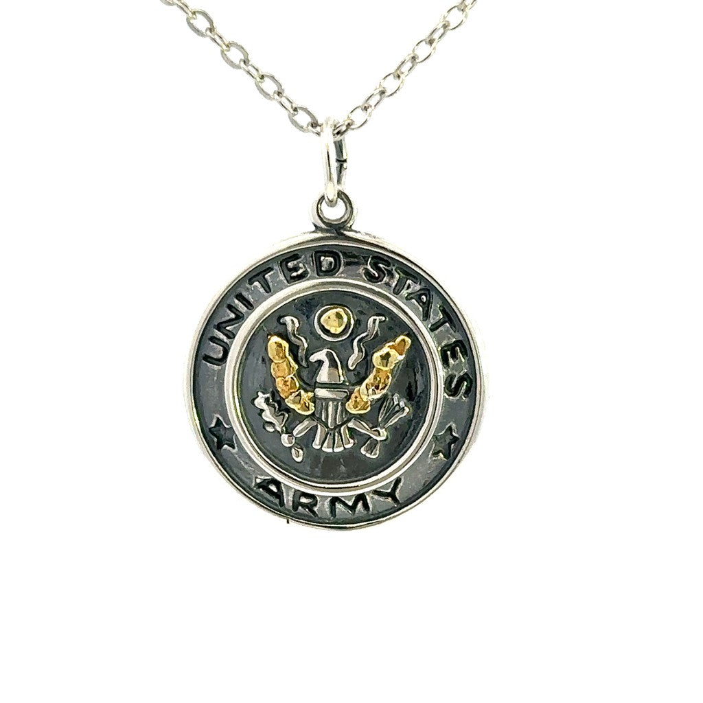 Madallion Style Army Pendant Sterling Silver & Alaskan Gold Nugget