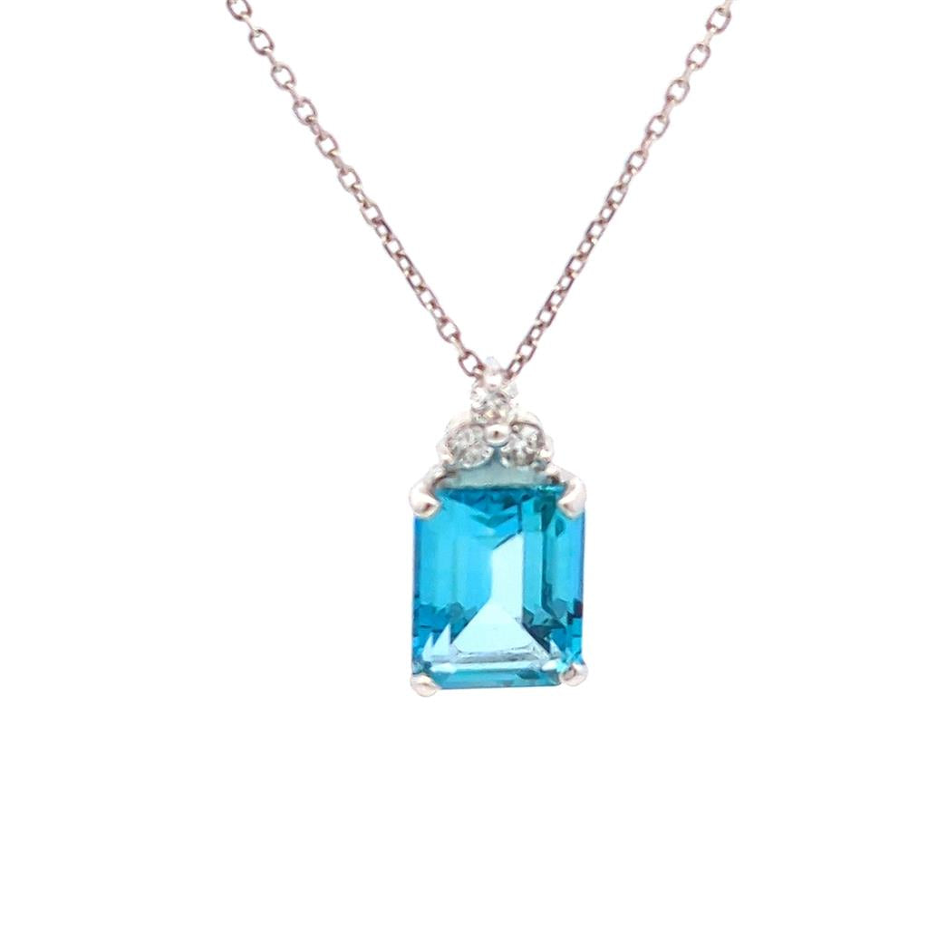 Solitare Accent Pendants 14 KT White with Emerald Cut Blue Topaz & Round G Diamonds