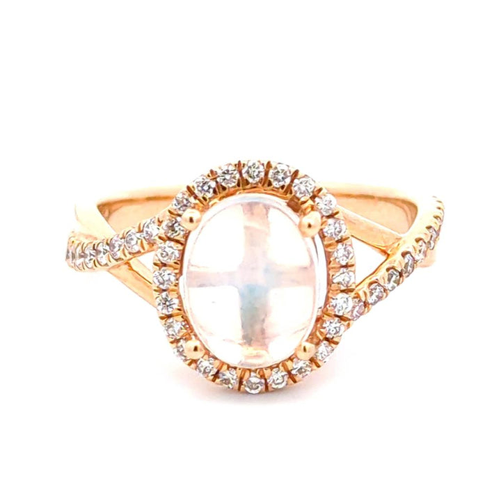 Halo Style Colored Stone Ring 14 KT Yellow with Moonstone & Diamonds Accent size 7