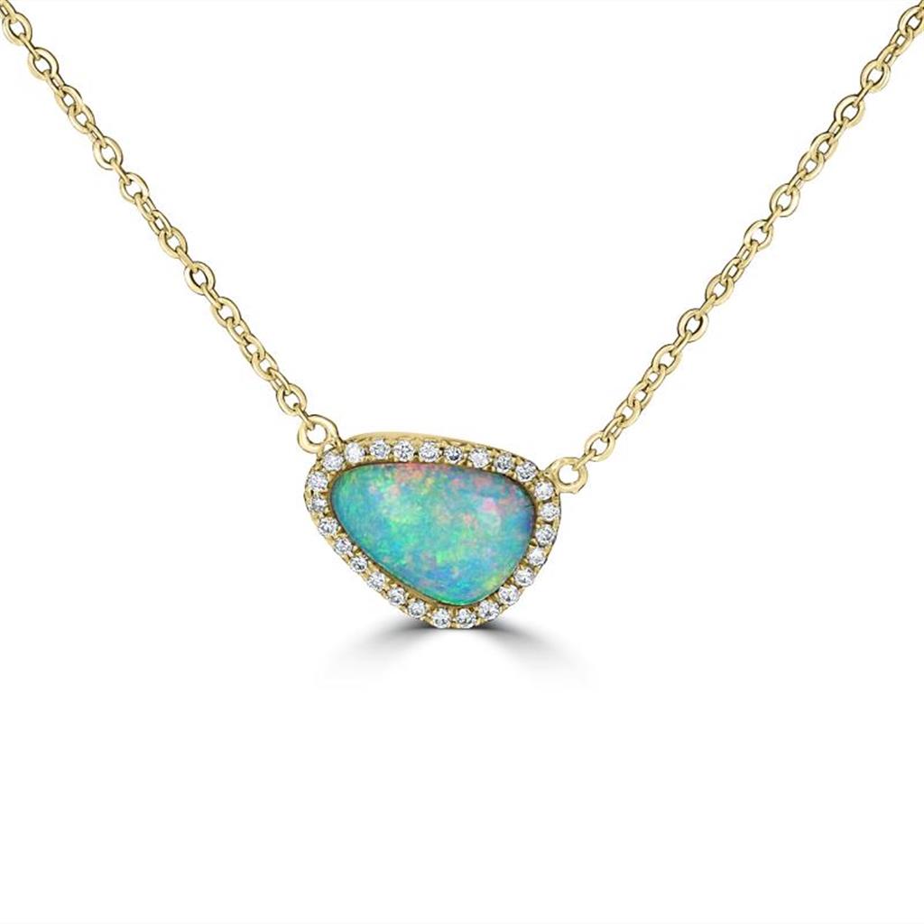 In Line Colored Stone Necklace 14 Karat Gold Yellow With Opal & Diamond 18" Long