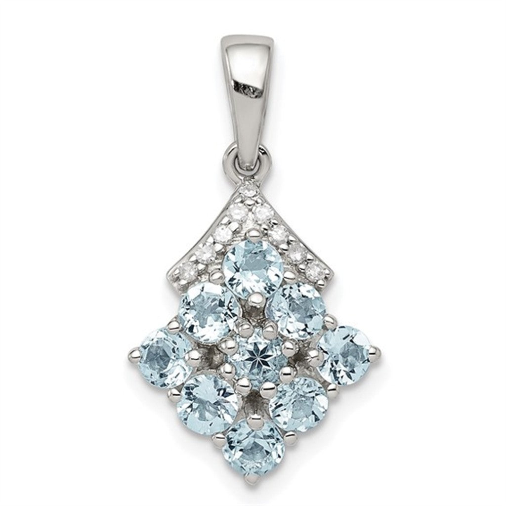 Cluster Pendant Sterling Silver White with Round Aquas