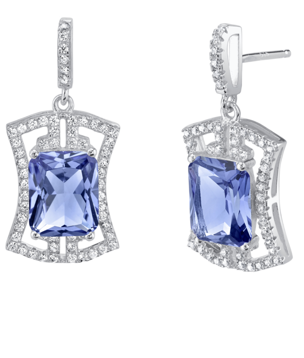 Stud Style Sterling Silver White With Cushion Tanzanites And Round Cubic Zirconia