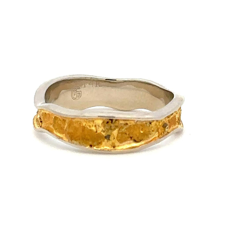 Straight Channel Style Womans Wedding Bands With Gold Nugget 14 KT White & Yellow size 7