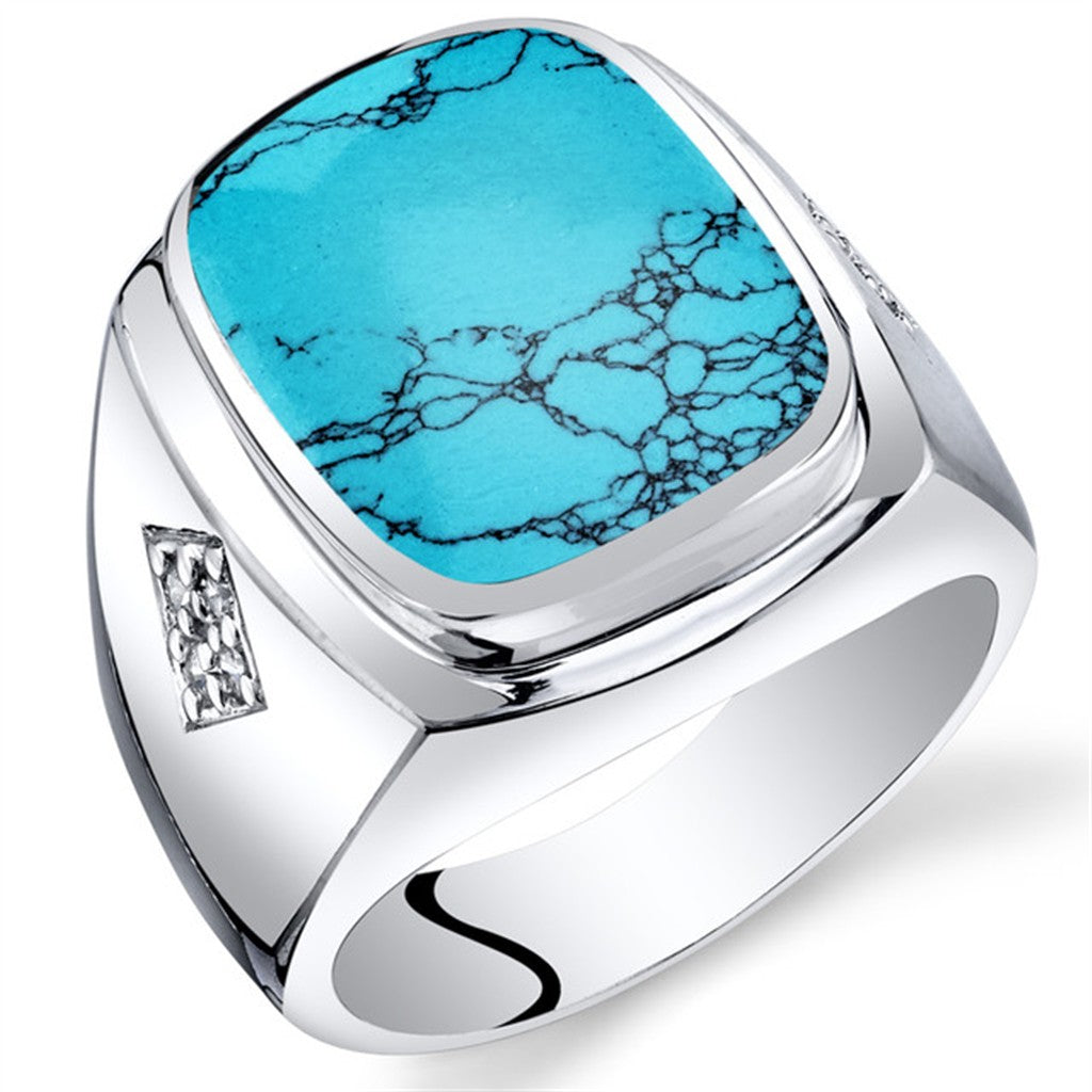 Signet Style Ring Colored Stone Sterling Silver White with Turquoise size 11