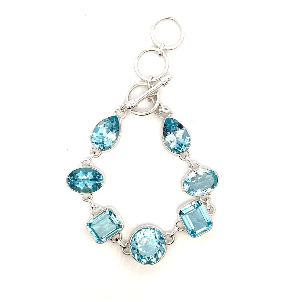 Link Style Gemstone Bracelet Sterling Silver White With Topazes 7" Long