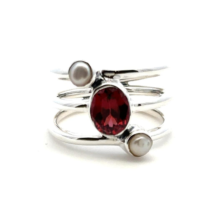 Fashion Style Rings Silver with Stones .925 White with Garnet Mozambique & Fresh Water Pearls Accent size 8