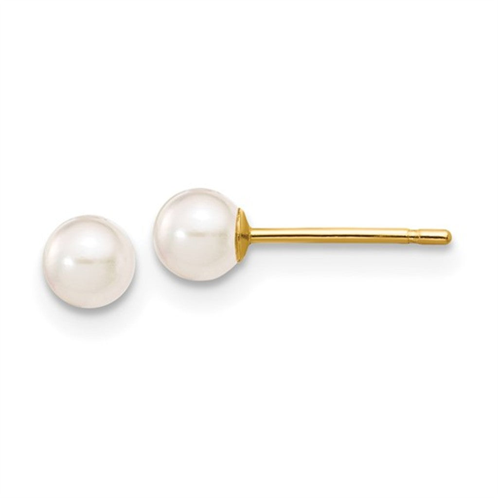 Single Pearl Studs Earring 14 Karat Gold Yellow 4mm Fresh Water Pearls